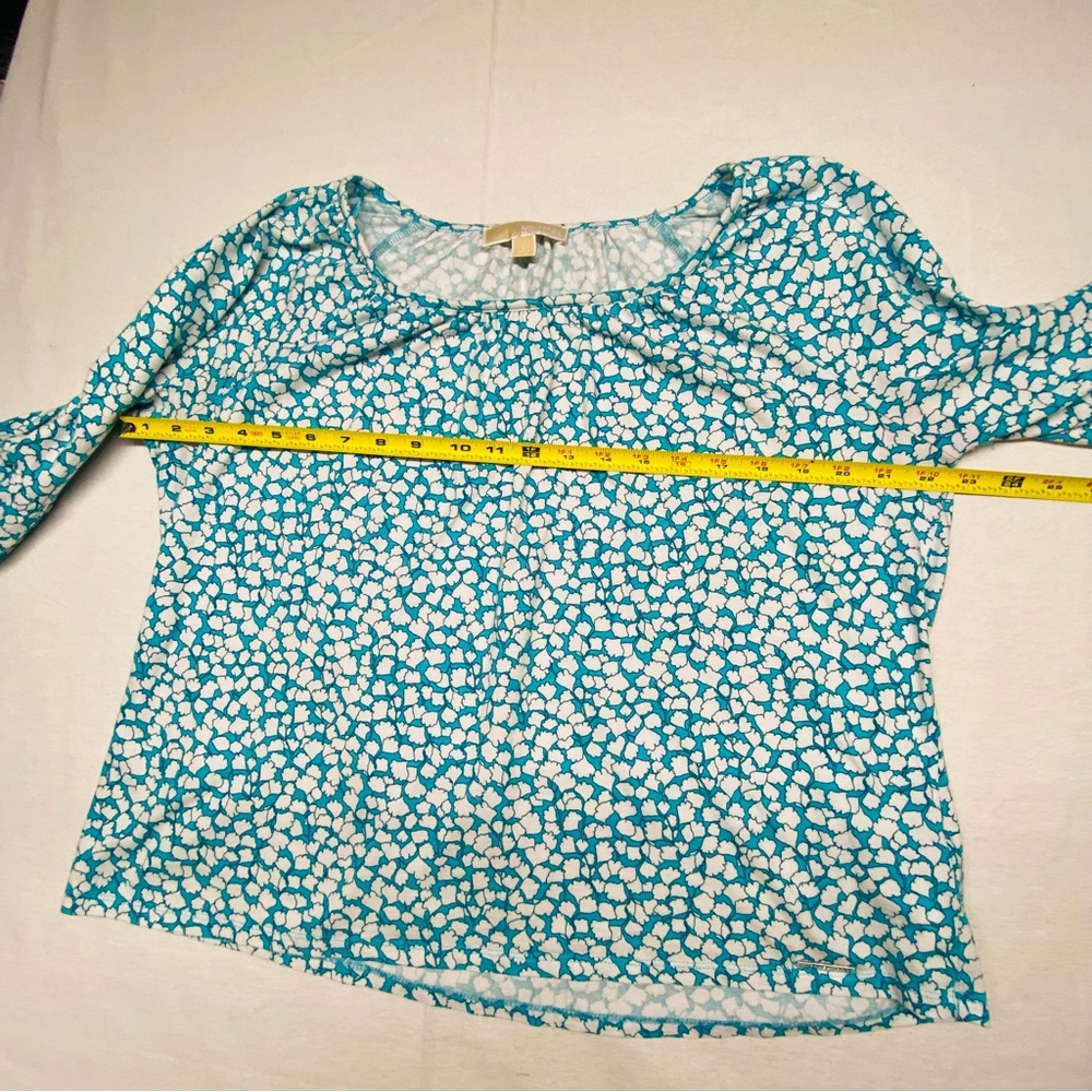 Michael Michael Kors Scoop Neck Pullover Size L 3/4 Bell sleeves Turquoise White - Picture 12 of 13